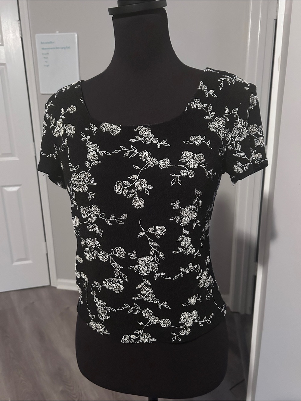 MSK Black Beaded Floral Top | 90s Y2K Square Neck Cottagecore